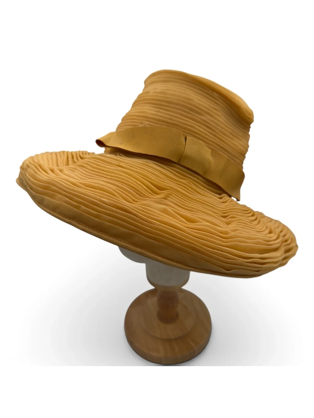 Vintage 1960s Elegant Wide Brim Pleated Mustard Yellow Hat with Bow Accent